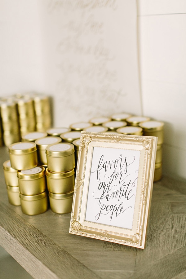 Candles in elegant gold tins for wedding favours - 'Favors for our favorite people' | Mustard Seed Photography via Martha Stewart Weddings
