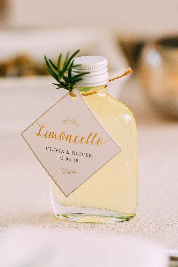 Mini bottles of Limoncello as favors for an Italy inspired wedding | Albert Palmer Photography via Whimsical Wonderland Weddings