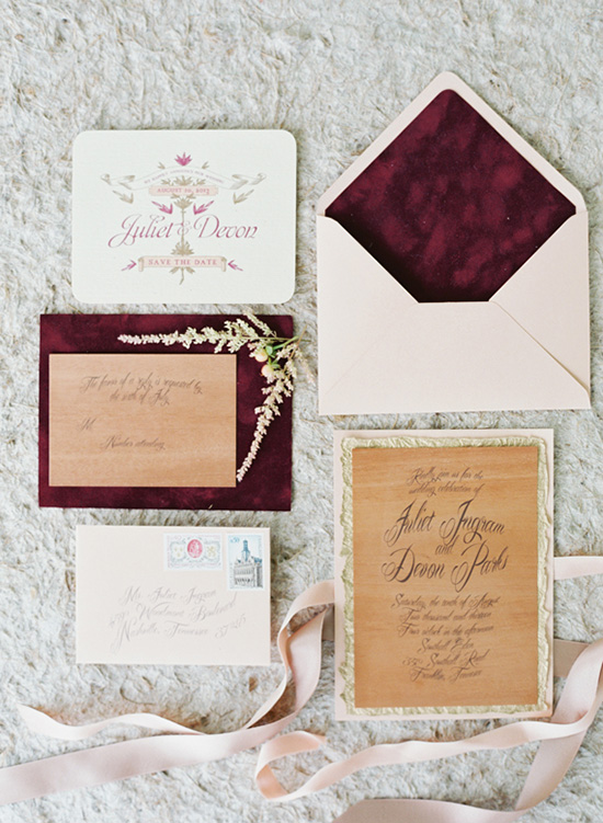 Bohemian burgundy wedding invitation | Elisa Bricker via 100 Layer Cake
