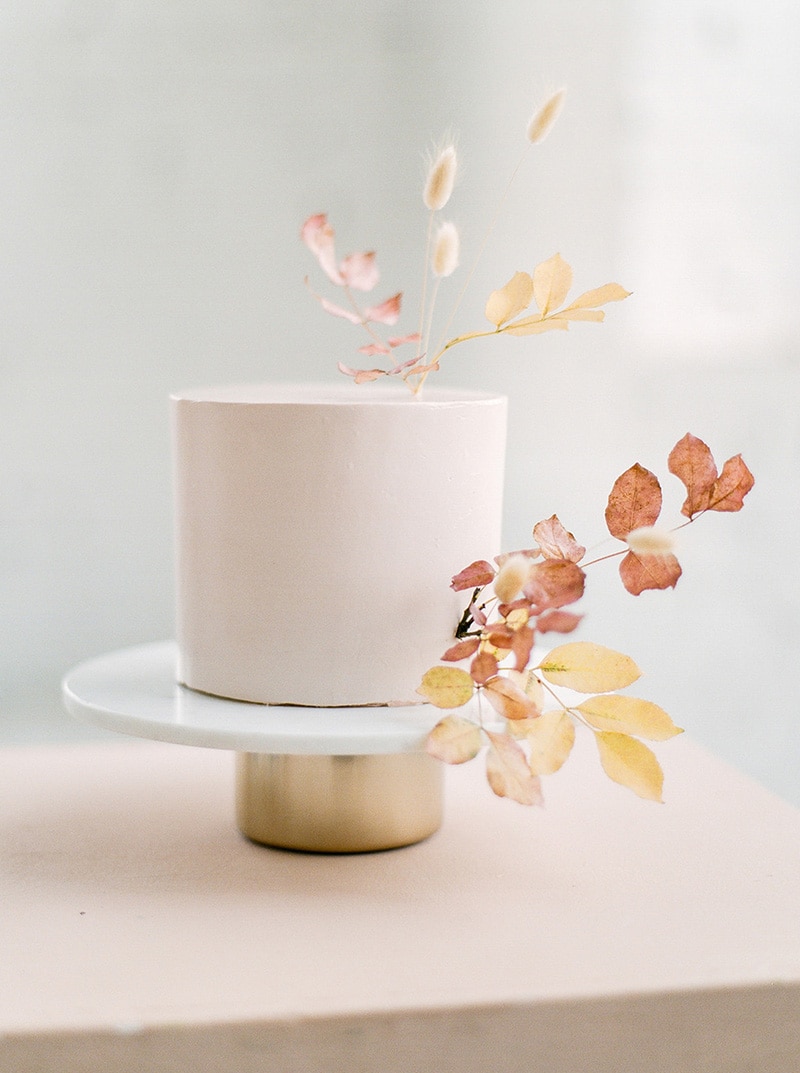 Romantic Boho Desert Pastel Wedding Ideas | A minimalist blush single tier buttercream wedding cake finished with sprigs of dried foliage and bunny tail grass in autumnal terracotta, gold and cream tones. It is presented on a modern cake stand with a circular white plate and cylindrical gold base. | Photography: Janca Korcek via Magnolia Rouge