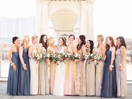 Elegant mismatched navy and champagne bridesmaid dresses | Taylor Lord via Green Wedding Shoes