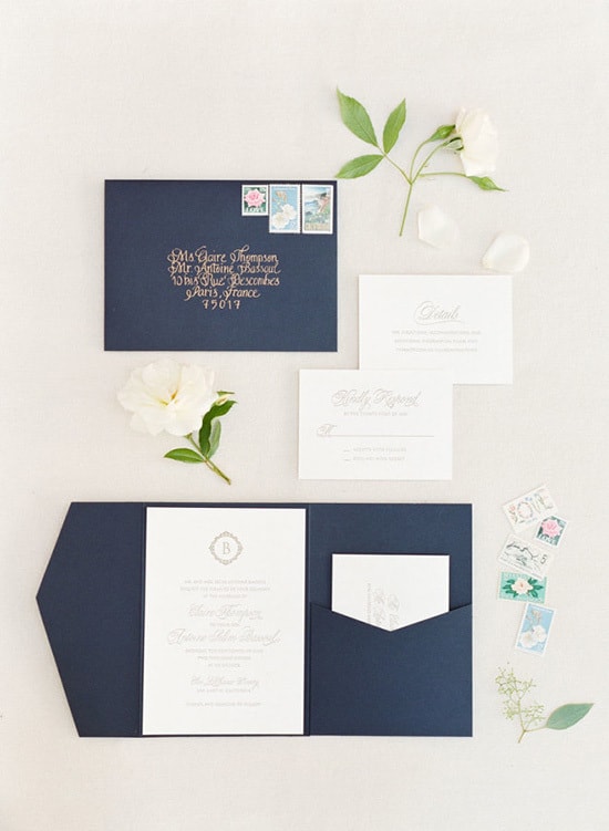 Elegant navy and cream wedding invitation | KT Merry via Style Me Pretty