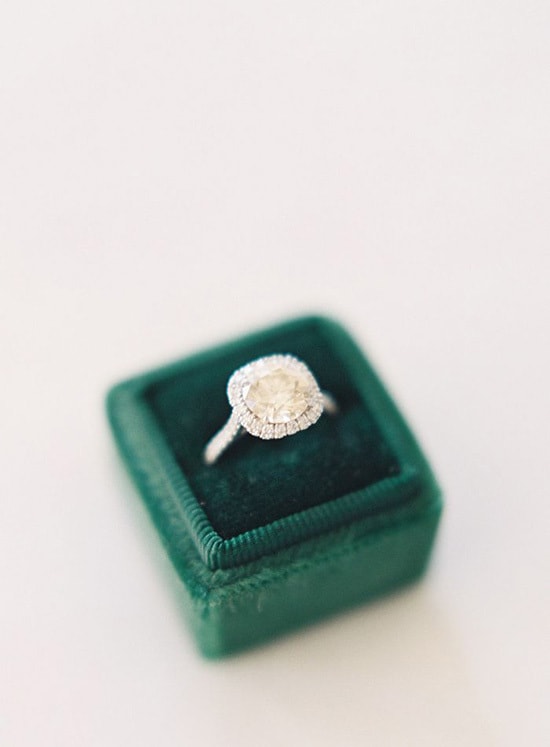 Halo diamond ring in green velvet box | Jen Huang