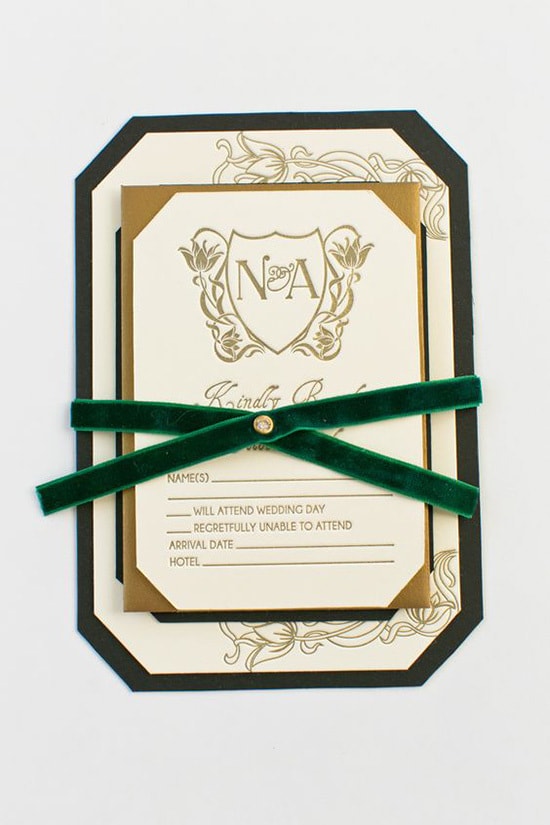 Emerald green and gold wedding invitation with velvet ribbon | Yonder Design