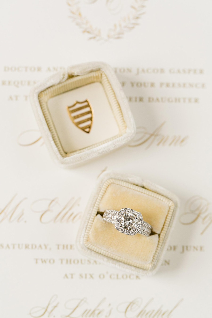 White gold double halo engagement ring with wide diamond encrusted band displayed in pale yellow velvet ring box | Photography: Dana Cubbage Weddings via Style Me Pretty