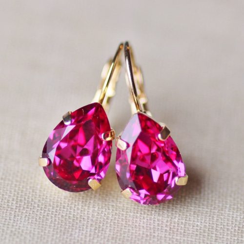 Bright Pink Crystal Rhinestone Teardrop Earrings