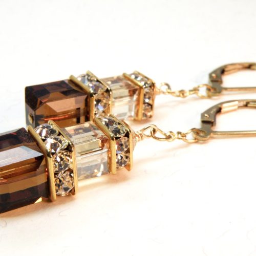 Chocolate & Champagne Swarovski Crystal Cube Dangle Gold Wedding Earrings