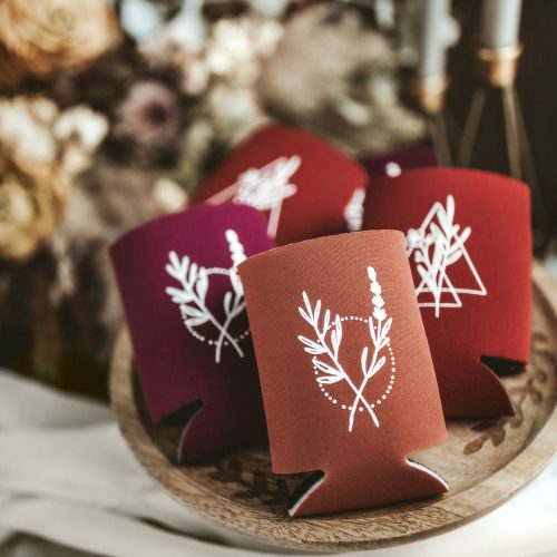 Modern Botanical Drink Cozie Wedding Favors - Clay, Rust & Burgundy