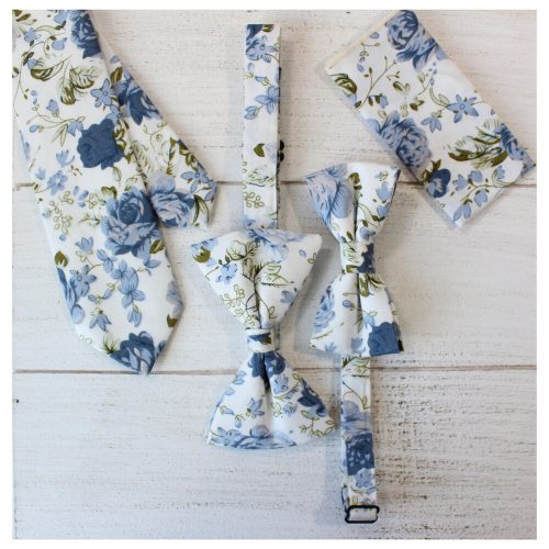 Dusty Blue Floral Cotton Tie, Bow Tie, Pocket Square, Handkerchief Available