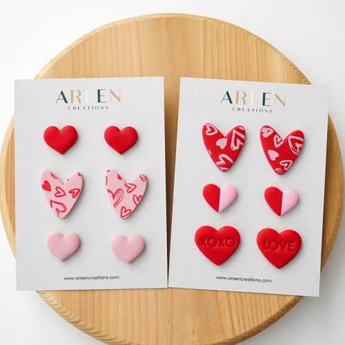 Red and Pink Heart Polymer Clay Stud Earrings Set of 3