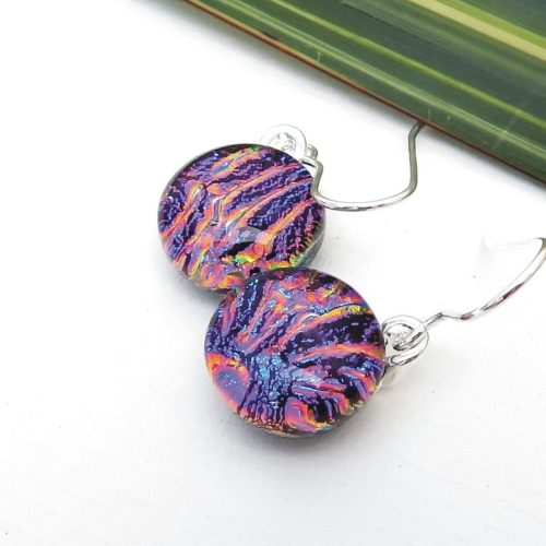 Cerise Pink and Purple Round Dichroic Glass Dangle Earrings