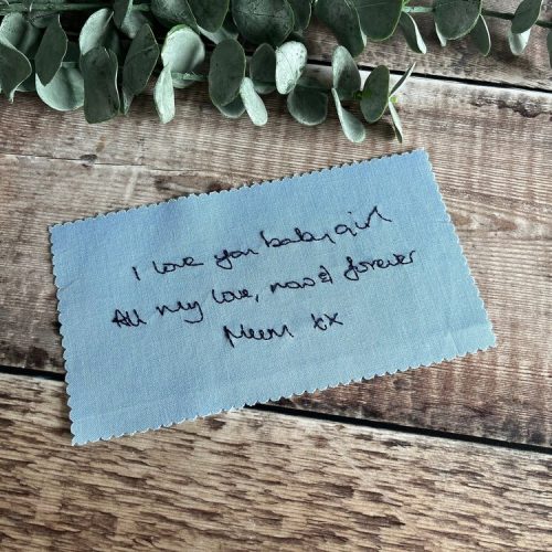 Something Blue Embroidered Handwriting Wedding Dress Label
