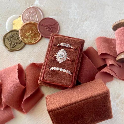 3 Slot Velvet Wedding Ring Box in Rust