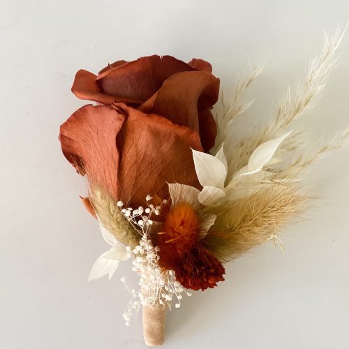 Rust Rose & Terracotta Dried Flower Boutonniere for Groom and Groomsmen