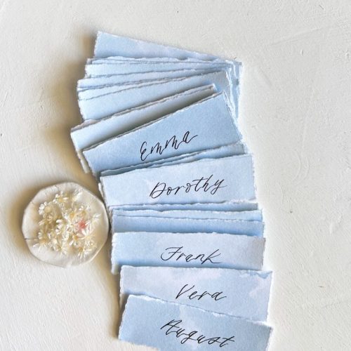 Dusty Blue Torn Edge Wedding Place Cards