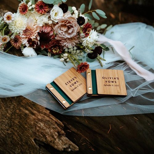 Engraved Wooden Wedding Vow Book with Vegan Leather Binding