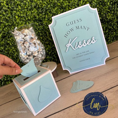 Blue "Guess How Many Kisses Are in the Jar" Bridal Shower Game Kit: Includes Freestanding Sign, Box & Entry Tickets, Many Colours Available