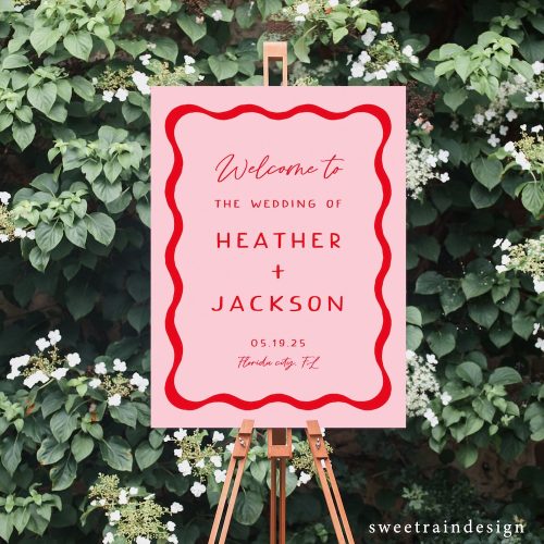 Wavy Retro Pink and Red Wedding Welcome Sign