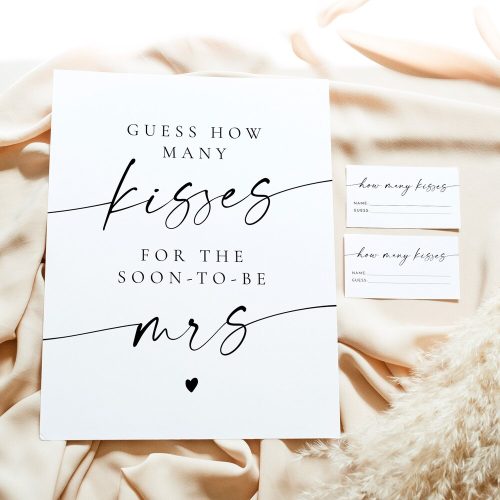 Modern Minimalist "Guess How Many Kisses for the Soon-to-be Mrs!" Bridal Shower Game Set - Printed & Shipped