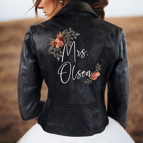 Custom Embroidered Leather Bridal Jacket with Zippered Sleeves