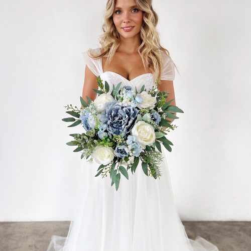 Wedding Bouquet in Soft Blues & White Faux Flowers & Greenery