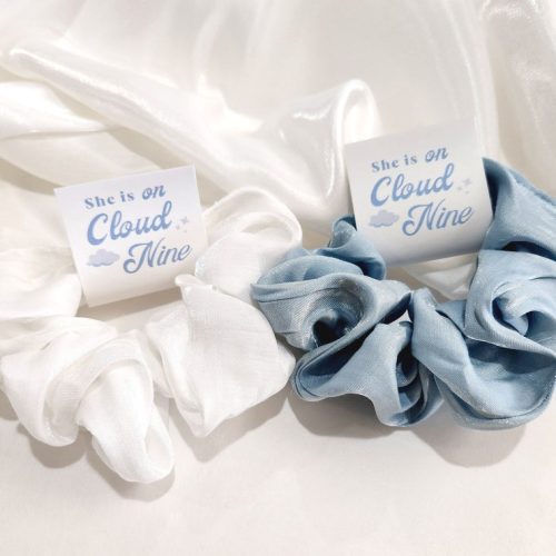 Silk Organza Hair Scrunchie Bridal Shower Favor, "She Is On Cloud Nine" Gift Tag