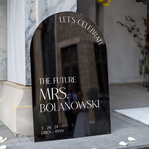 Personalized "Let's Celebrate, The Future Mrs..." Arched Black Bridal Shower Welcome Sign - Sizes, Materials