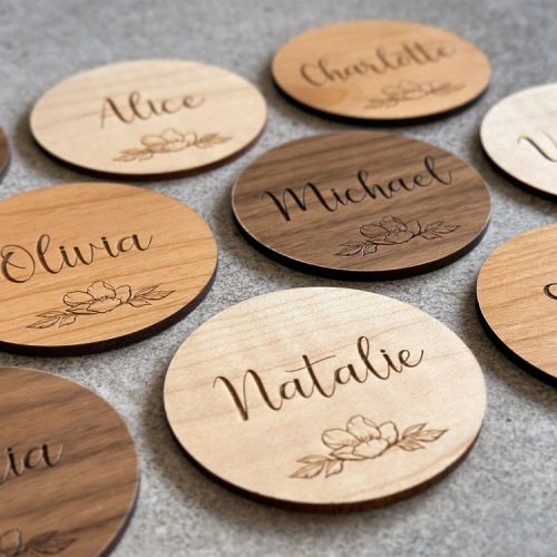 Engraved Wood Wedding Place Card Coasters