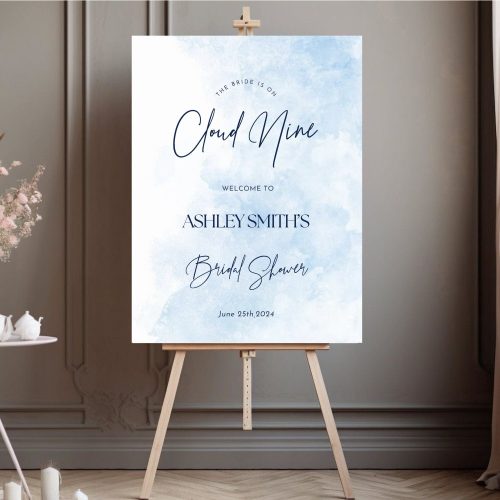 "The Bride is on Cloud Nine" Bridal Shower Welcome Sign Digital Download, Soft Blue & White Cloud