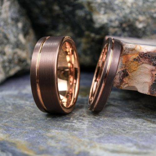 Matching Wedding Ring Set in Brushed Mocha Brown Tungsten with Rose Gold Stripe