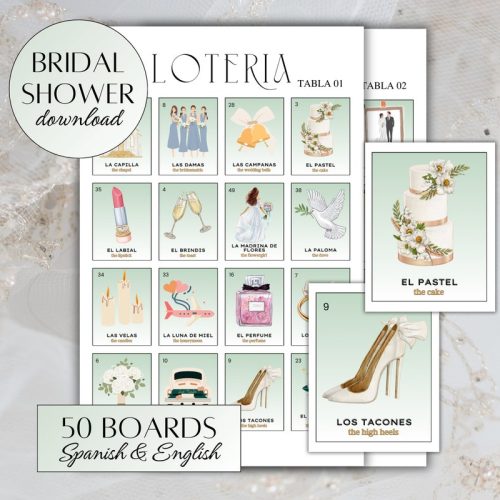 Bridal Shower Loteria Game in Spanish & English with 50 Boards - Digital Download