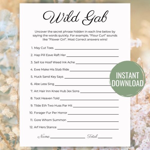 "Wild Gab" Funny Bridal Shower Game - Digital Download
