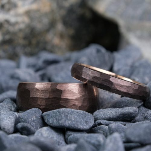 His and Hers Wedding Ring Set in Hammered Mocha Brown Tungsten with Rose Gold Interior