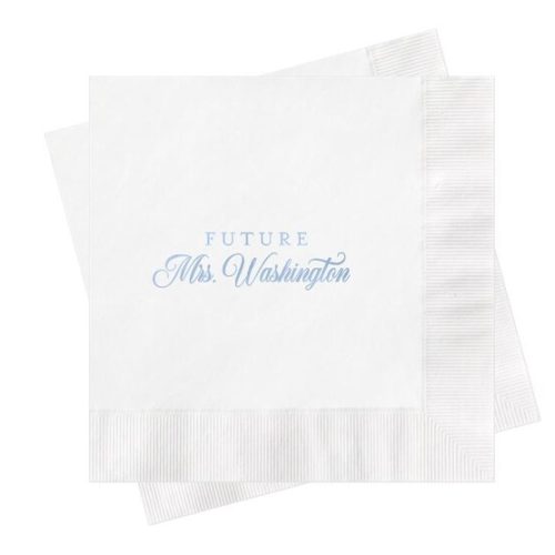 Dusty Blue Foil Text on White Personalized "Future Mrs" Bridal Shower Napkins: Cocktail or Lunch Size, Colours Available