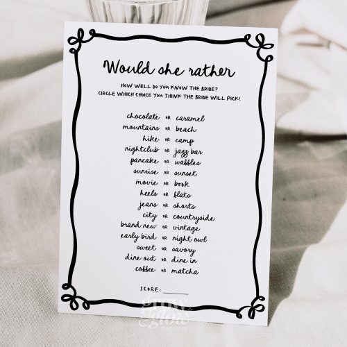 "Would She Rather" Bridal Shower Game Digital Download, Black Wavy Coquette Design