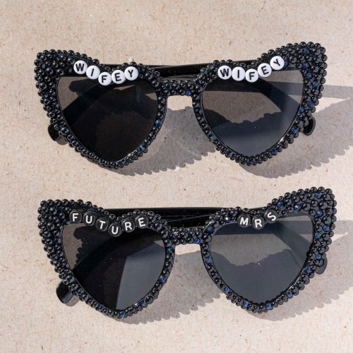 "Future Mrs" or "Wifey" Sunglasses, Black Pearl-Look, Heart Shaped for the Bride-to-Be