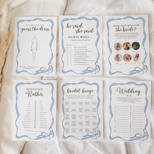 "Shes Tying the Knot" Bridal Shower Games Printable: Bundle: Blue Bow Ribbon Border
