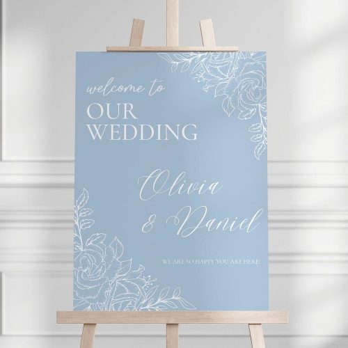Personalized Romantic Dusty Blue Floral Wedding Welcome Sign