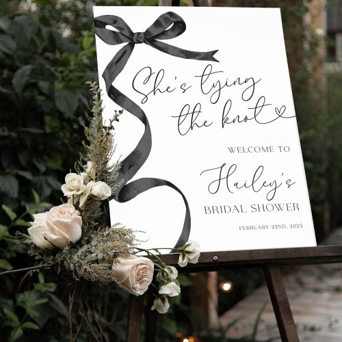 Personalized "She's Tying the Knot" Bridal Shower Welcome Sign, Black Bow Coquette Style