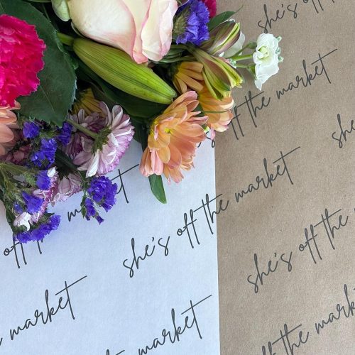 "She's Off The Market" Print Flower Wraps: 18"x18" Brown or White Recyclable Kraft Paper for Bridal Shower Flower Bar