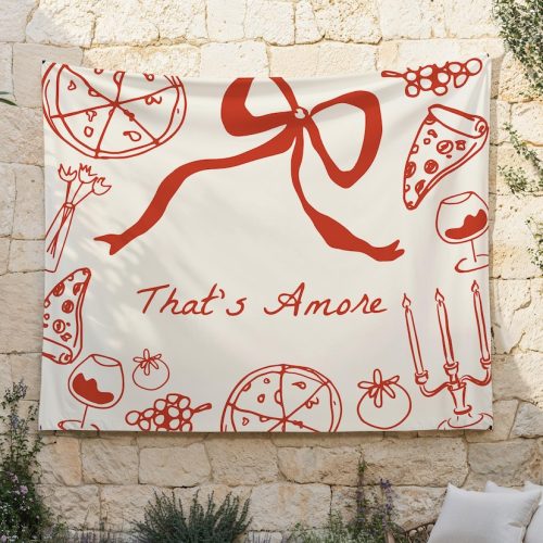 "That's Amore" Fabric Banner Bridal Shower Backdrop, with Hand Drawn Italian Pizza, Wine, Tomatoes, Candles, Grapes, Flowers & Central Bow