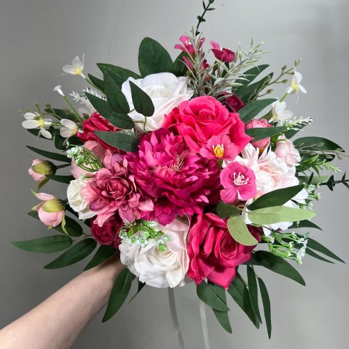 Fuchsia Pink Mixed Faux Flower Wedding Bouquet