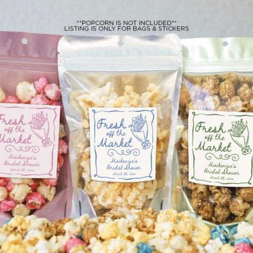Personalized "Fresh off the Market" Bridal Shower Favor Stickers & Optional Bags: Hand Drawn Illustration Doodle Style