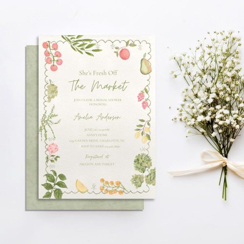 Bridal Shower Invite Canva Editable Template "She's Fresh Off The Market": Hand Drawn Farmer's Market Theme with Wavy Border