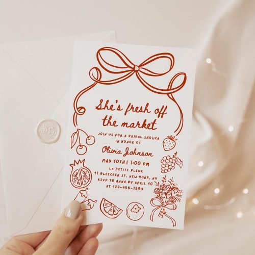 Bridal Shower Invite Canva Editable Template "She's Fresh Off The Market": Bows, Flowers & Fruit Line Drawing Border