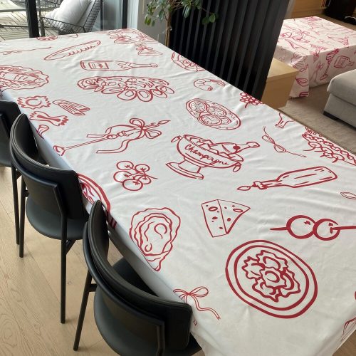 Hand Drawn Illustration Bridal Shower Tablecloth, with Italian Theme Food and Champagne Motifs