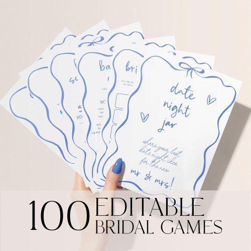 100 Blue Bridal Shower Games Editable Templates: Modern Script Font with Blue Ribbon Bow Border