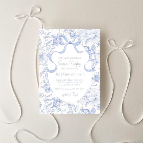 Blue Bridal Shower Invitation Editable Template: Blue Bow & Florals Frame with Oval Centre