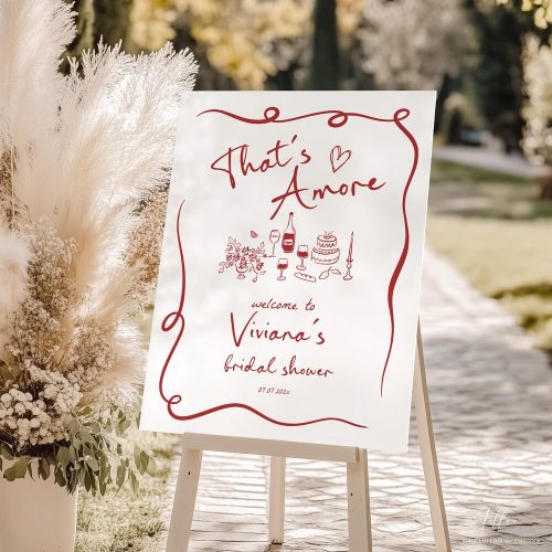 "That's Amore" Bridal Shower Welcome Sign Digital Download, with Italian Themed Cake, Bread, Wine, Flowers, Wine Glasses & Candle, Wavy Border