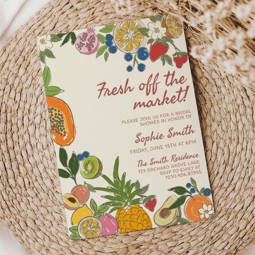Bridal Shower "Fresh Off The Market" Editable Invitation Template: Hand Drawn Colorful Fruits